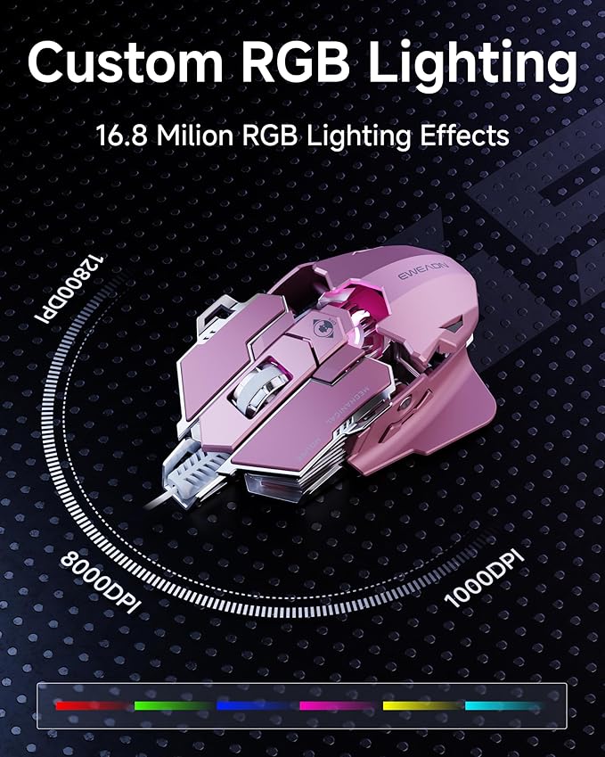 SEUNKWANG EWEADN G5 Wired Gaming Mouse, Ergonomic RGB Computer Mouse, 12800 Adjustable DPI, 9 Programmable Macro Buttons with Rapid Fire Key Compatible for PC/Laptop/Windows-Pink