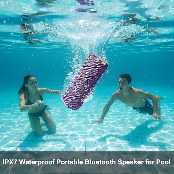 40W Bluetooth Shower Speaker, IPX7 Waterproof Floating Pool Speaker with Interactive Tap-to-Play Drum Beats, 25H Playtime, LED Lights, Built-in Mic for Hands-Free Calls in Bathroom, Purple