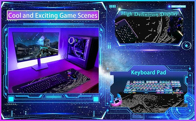 MEWOOCUE® Large Gaming Mouse Pad for Computer,Black Japanese Sea Wave Anime Mouse Mat,Long XXL Waterproof Keyboard Pads,Big Non-Slip Mouse Pads for Game Office Home（15.7 x 35.4 in）