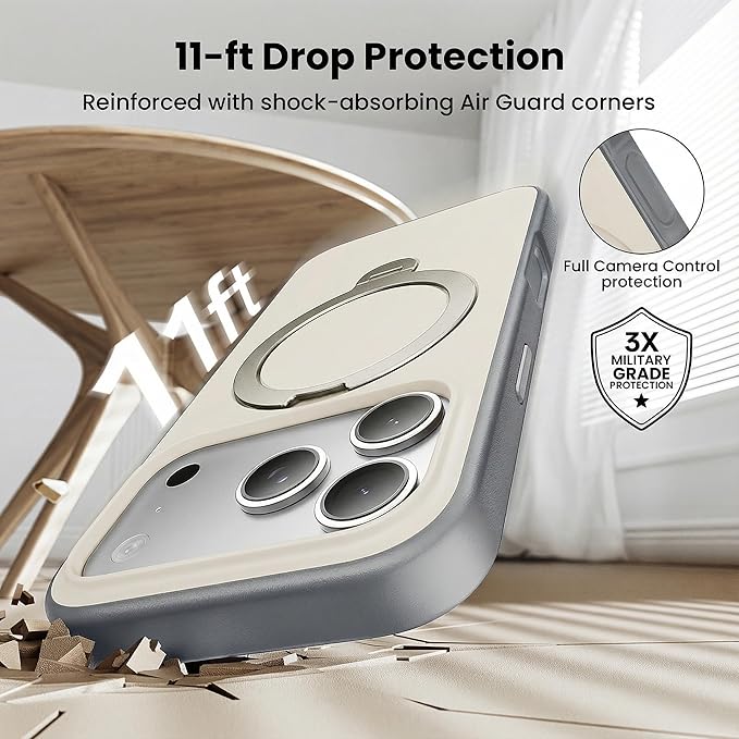 3in1 for 360°Ring Stand for iPhone 17 Pro Max Case with 1X Screen Protector +1X Camera Cover,Fit for MagSafe, Anti-Yellowing & Scratch-Resistant Back Phone Case for iPhone 17 Pro Max 6.9", White