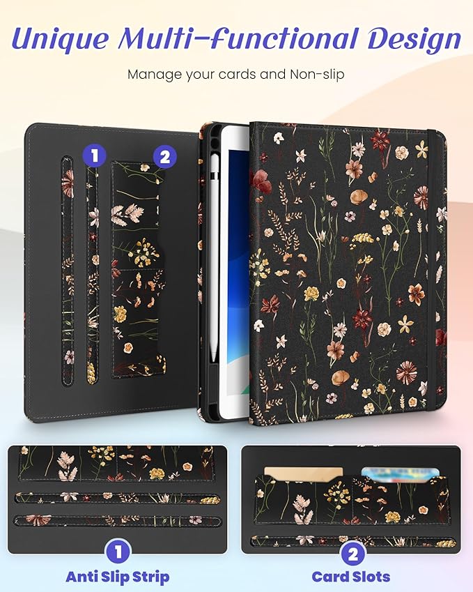 Kidcube for iPad Air 3rd Generation Case/Pro 10.5 Inch Case - Women Girls Cute Rotating Stand Folio Cover with Pencil Holder & Card Slot Girly Flowers Floral Design Cover for iPad Pro 10.5''/Air 3rd