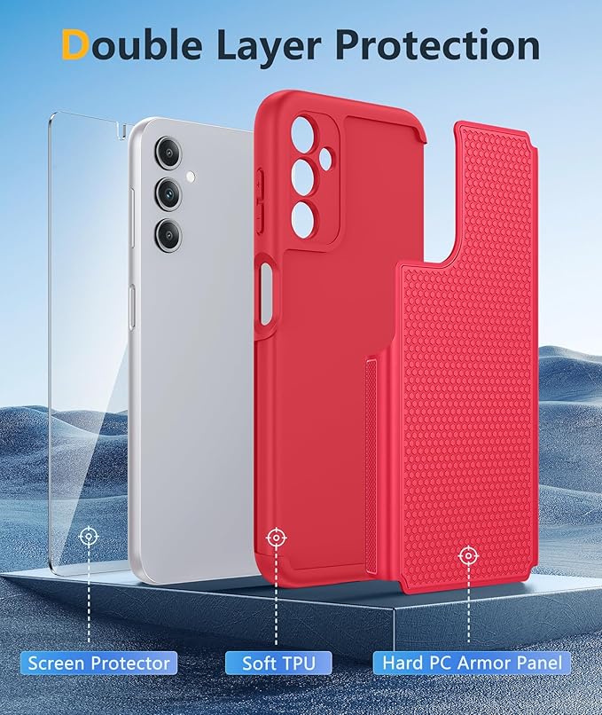 FNTCASE for Galaxy A14-5G Phone Case: Samsung A14 5G Military Grade Drop Protection, 14ft Drop Tested, Screen Protector Included, Anti-Slip Matte Textured, TPU+PC Dual Layer Shockproof Cover (Red)