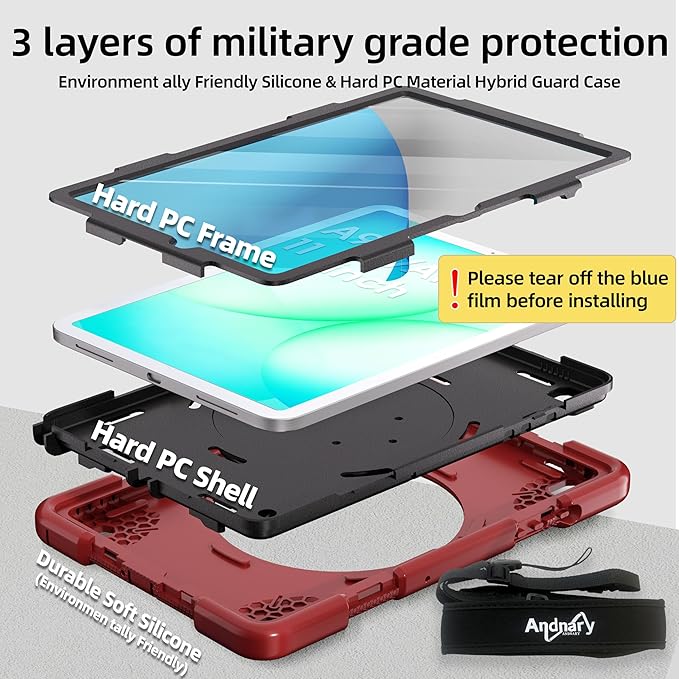 Andnary Case for Samsung Galaxy Tab A9+/A9 Plus Case 11 Inch with Screen Protector/360° Rotating Stand/Pen Holder/Shoulder Strap, Shockproof Cover for Tablet A9+ 5g (Red+Black)