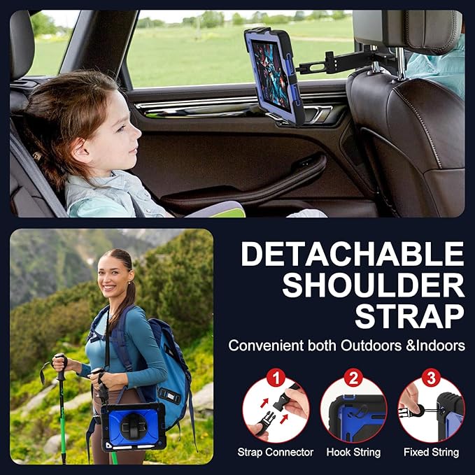 for iPad 6th Generation/iPad 5th Gen/iPad Air 2/iPad Pro 9.7" Case with Cute Key Chain, Rugged Protective Case with Rotating Stand & Shoulder Hand Strap for iPad 6th/5th/ Air 2 (Black+Blue)