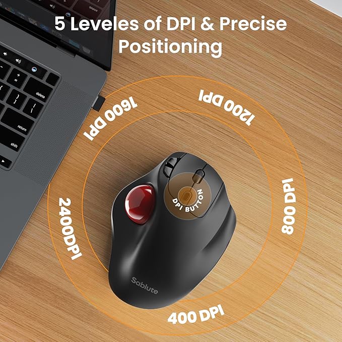 SABLUTE MAM2 Wireless Trackball Mouse, Rechargeable Ergonomic Mouse with Thumb Control for 3 Devices (Bluetooth and USB), 5-Level DPI, Silent Click, Compatible PC Laptop Mac iPad, Easy Clean