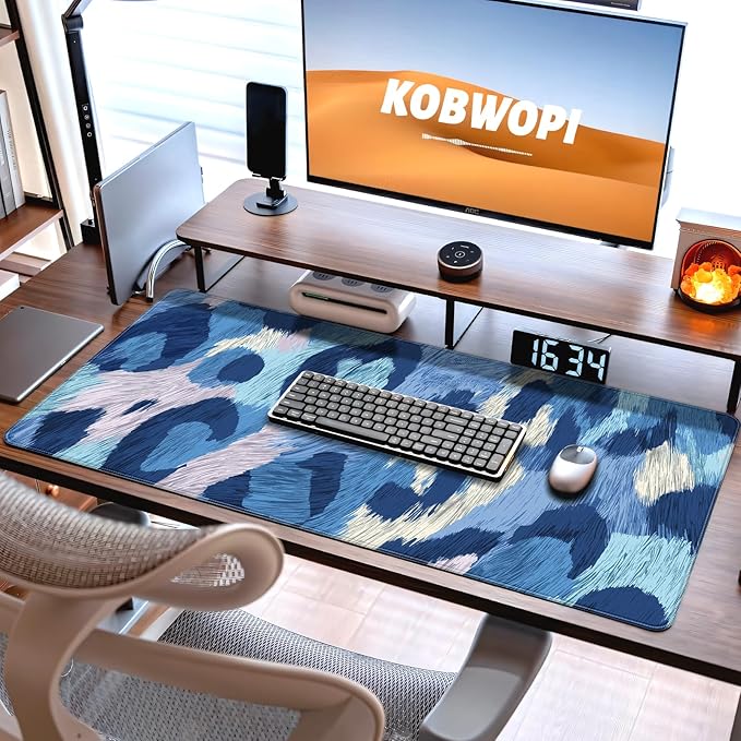 35.4 x 15.7 in, XXL Large Mouse Pad for Desk, Extended Keyboard Mouse Mat for Computer Office, Big Mouse pad with Stitched Edges, Gaming Pc-Leopard Print Light Blue and Navy