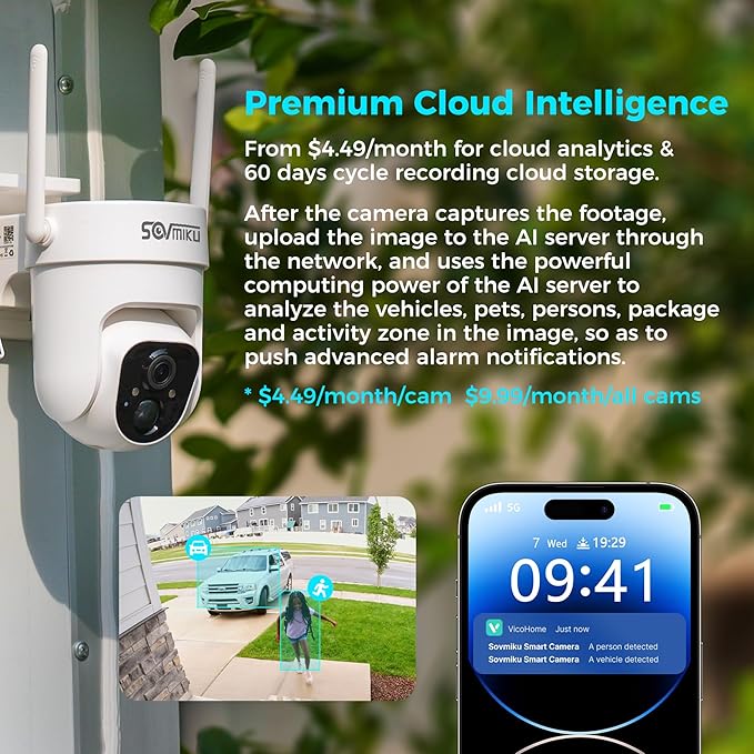 Vicohome 4CQ4 2K AI Solar Security Camera Wireless Outdoor, Battery Powered Cam, Color Night Vision, Two Way Audio, Motion Detection, Easy to Setup, Audible Flashlight Siren 180 Days Care Plan
