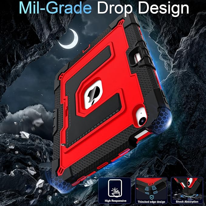 for iPad Air 11-inch M4 (2026) / M3 (2025) / M2 (2024) iPad Air 5th (2022) / 4th Generation (2020) 10.9 Inch,Military Grade Shockproof iPad Case Air 11 Inch with Pencil Holder, Black Red