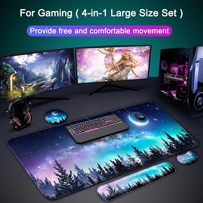 Keyboard Wrist Rest + Mouse Pad with Wrist Support + Desk Mat + Coaster 4 in 1 Set, XXL Large Gaming Mousepad Cute Ergonomic Mouse Pads for Desk Computer Laptop Office Decor-Forest Moon