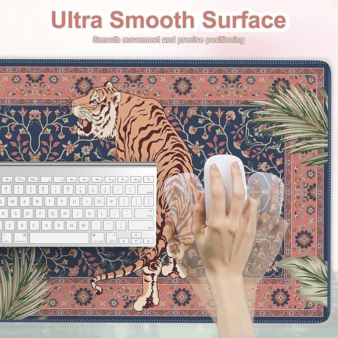 Tiger Desk Matt for Desktop, Floral Gaming Cute Desk Mat, Non Slip Keyboard and Mouse Pad, Stitched Edges Large Desk Pad, Desk Mat for Home Office 35.4 x 15.7 Inches (Pink)