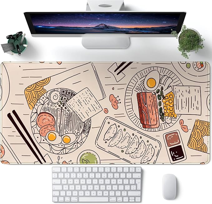 Japanese Ramen Sushi Food Desk Mat Beige XL Mouse Pad Large Full Desk Mousepad Gaming Extended Keyboard Mouse Mat Desk Pad for Computer Laptop 31.5''X15.7'' Non-Slip Rubber Base with Stitched Edges