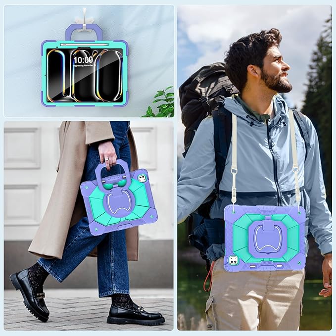 WESOROL for iPad Pro 13 Inch Case M5 2025/M4 2024 (7th Gen) with Screen Protector/360° Rotating Stand/Pencil Holder/Shoulder Strap,Military Grade Shockproof iPad Case 13 Inch Pro M5/M4,Purple Green