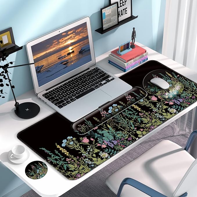 Desk Mat Set + Keyboard and Mouse Pad with Wrist Rest Support,4-in-1 Large Mousepad Computer Mats for Desktop Home & Office-Flowers Garden