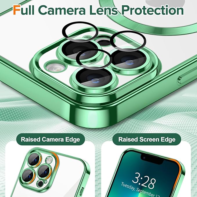 Hython Magnetic Clear for iPhone 13 Pro Max Case with Camera Lens Protector [Compatible with MagSafe] Plating Edge Slim Soft TPU Cover Protective Phone Case for iPhone 13 Pro Max 6.7", Light Green
