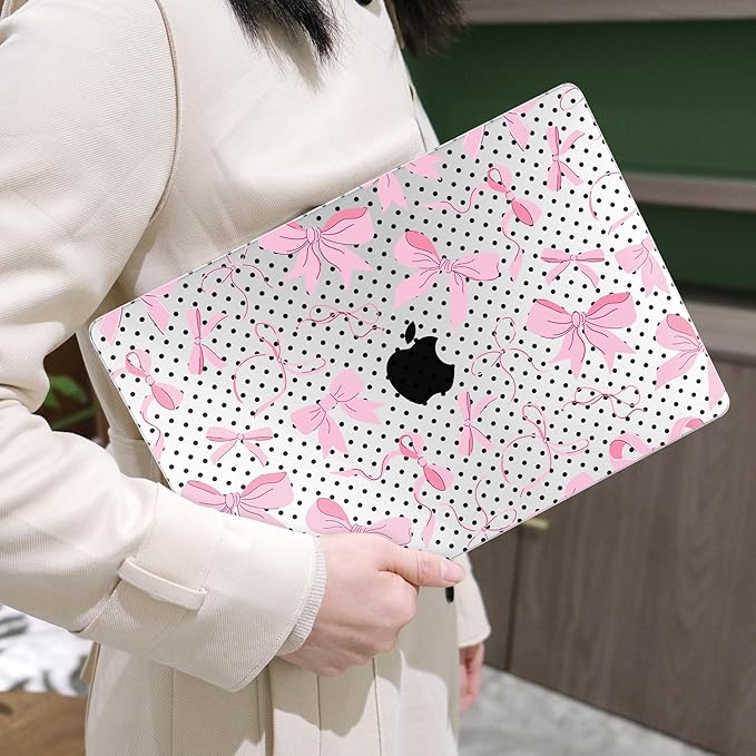 MEEgoodo Case for M5/M4/M3/M2 MacBook Air 15 inch Case 2026 2025 2024 2023, Laptop Shell Fit Model (A3448/A3241/A3114/A2941) for MacBook Air 15.3-inch, Black Polka Dots&Pink Bows
