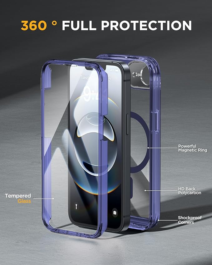 Miracase for iPhone 17e Case & iPhone 16e Case, Full-Body Phone with Built-in Glass Screen Protector, [Magnetic with MagSafe] Military Drop Proof 17 E/ 16 E Cover Bumper 6.1 inch, Clear Blue
