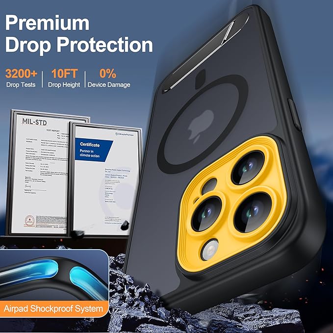 Magnetic Compatible with iPhone 15 Pro Max Case, [Built-in Kickstand][Full Camera Protection][Compatible with MagSafe][Anti-Fingerprint] Shockproof Phone Case for iPhone 15 Pro Max 6.7",Black & Yellow
