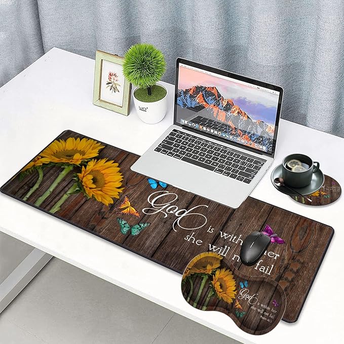 3 Piece Mouse Pad Set with Stitched Edge Large Anti-Slip Mouse Pad Desk Pad Keyboard Pad + Wrist Rest Pad + Coaster, Memory Foam Wrist Rest for Office/Home - Psalm 46:5 Sunflower