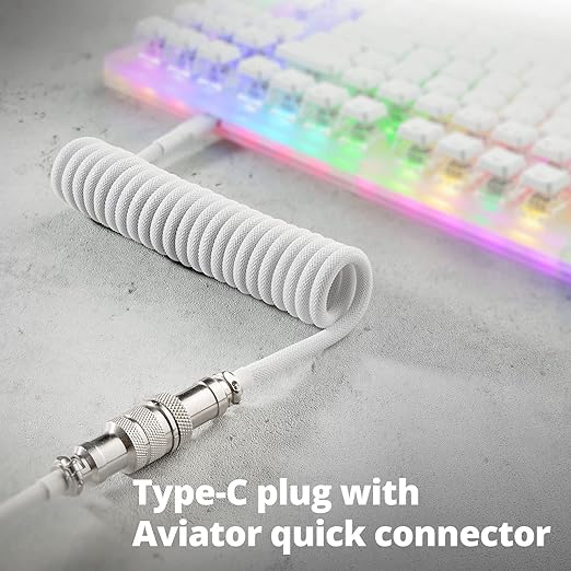 GUNMJO Pro Custom Coiled USB C Cable for Gaming Keyboard, Double-Sleeved Mechanical Keyboard Cable with Detachable Metal Aviator, 1.5M USB-C to USB-A, White Color