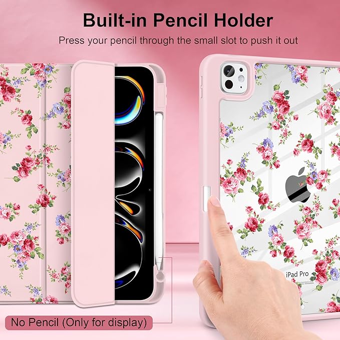 Case for iPad Pro 13 inch (M5) 2025 (M4) 2024 Release Slim Lightweight Cute Light Pink Cover with Clear Back TPU Edge Pencil Holder Trifold Stand, Elegant Rose