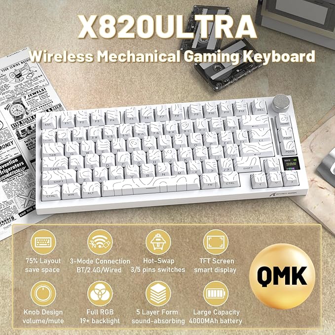 Attack Shark X820Ultra Wireless 75% Mechanical Gaming Keyboard with Screen & Knob Hot Swappable 2.4GHz/BT/Wired RGB Backlit Gasket Mount Side Print PBT Keycap QMK Web Driver Gift Switch-White Contour