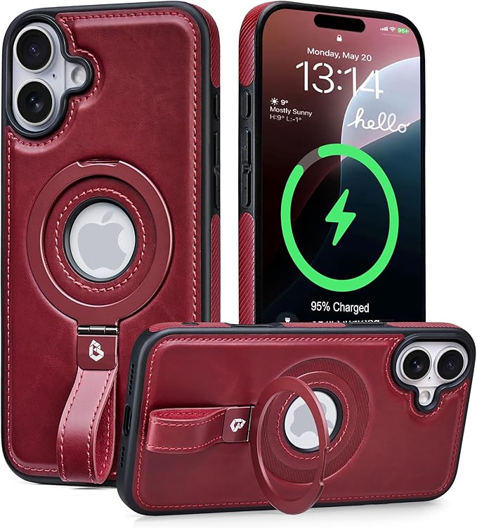 Butaiga for iPhone 16 Leather Case with Stand, Anti-Slip Grip Ring, Fits for MagSafe (Burgundy, iPhone 16)
