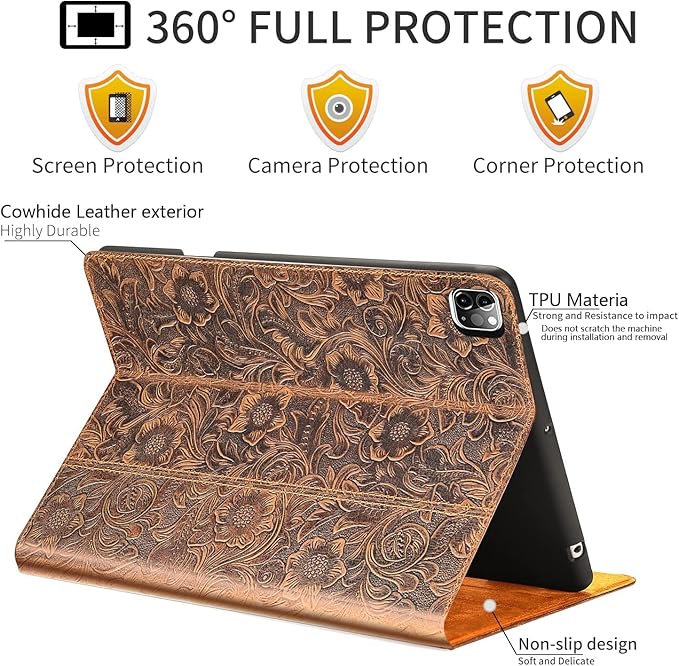 Gexmil Leather Case for iPad Pro 12.9 Inch, 6th/5th/4th/3rd Generation 2022/2021/2020/2018,Genuine Leather Folio Cover Shockproof with Stylus Holder,Auto Sleep/Wake Anti-Slip,Flower Pattern