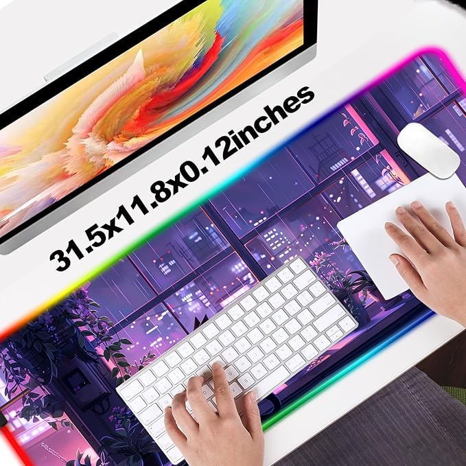 RGB Japanese Anime Cute Cat and Plant Gaming Desk Mat, Computer Keyboard Large Extended Kawaii Animal LED Mouse Pad for Office and Home, 31.5×11.8 Inches, XL, Purple