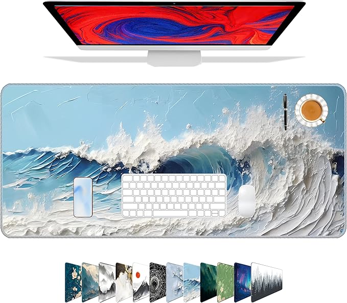 Galdas Gaming Mouse Pad XXL XL Large Long Extended Big Mousepad Non-Slip Rubber Keyboard Desk Pad with Stitched Edges for Laptop Home Office (31.5x11.8x0.08 Inch) … (Painting Waves)
