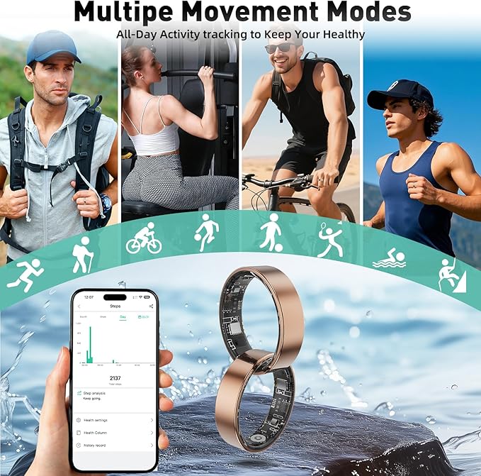 Smart Ring with Sleep Monitoring, Step Counting, Heart Rate, Blood Oxygen for iOS and Android, No Subscription Fee, IP68 Waterproof Health Tracker (Black, 7)