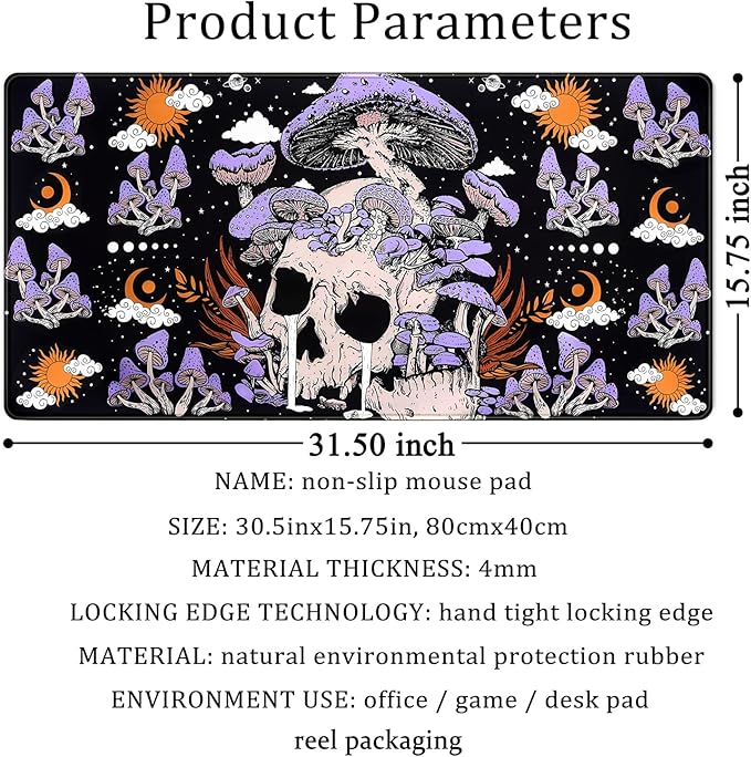 Black Mouse Pad Mushroom Desk Pad Skull Skeleton Purple Pc Laptop Office Keyboard Mouse Pads, Large Gaming Setup Office Extra Large Deskmat Laptop Mousepad 31.5x15.8 in-with Stitched Eges