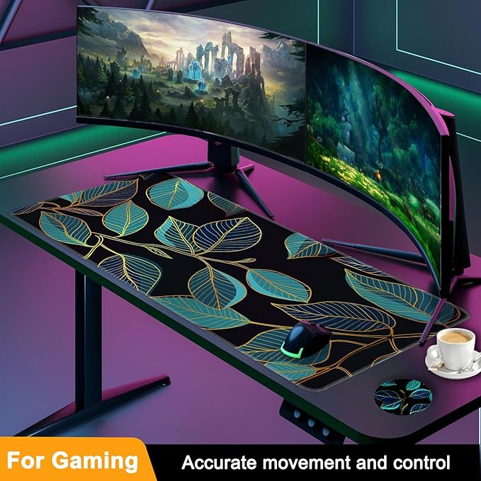 Large Gaming Mouse Pad with Coaster, Desk Matt for Desktop, Desk Pad, Mouse Pads Mat, Stitched Edges Big Extended Mousepad for Computer Keyboard Laptop Office Decor, 31.5'' x15.6''-Leaves 3