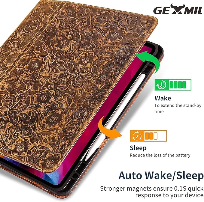 Gexmil Genuine Leather Case for iPad Pro 11 Inch 4/3/2/1st Gen 2022/2021/2020/2018,Smart Folio with Pencil Holder,Protective Shockproof Real Leather Cover,Auto Sleep/Wake,Flower Brown