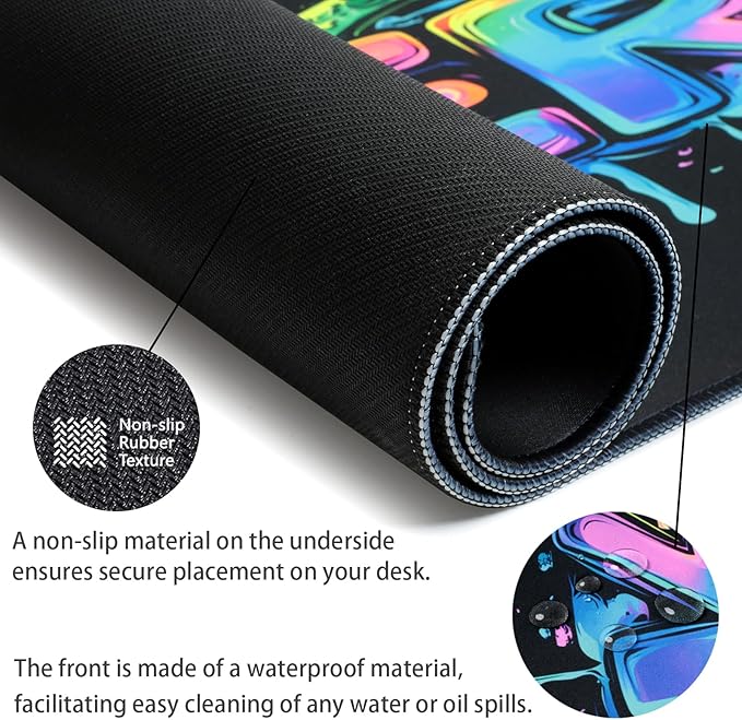 Gamer Gaming Mouse Pad, Blacklight Game Controller Horror Skull Waterproof Large Mouse Mat, 31.5" x 11.8" Skeleton Glowing Extended Non-Slip Rubber Base, Office & Home Keyboard Pad