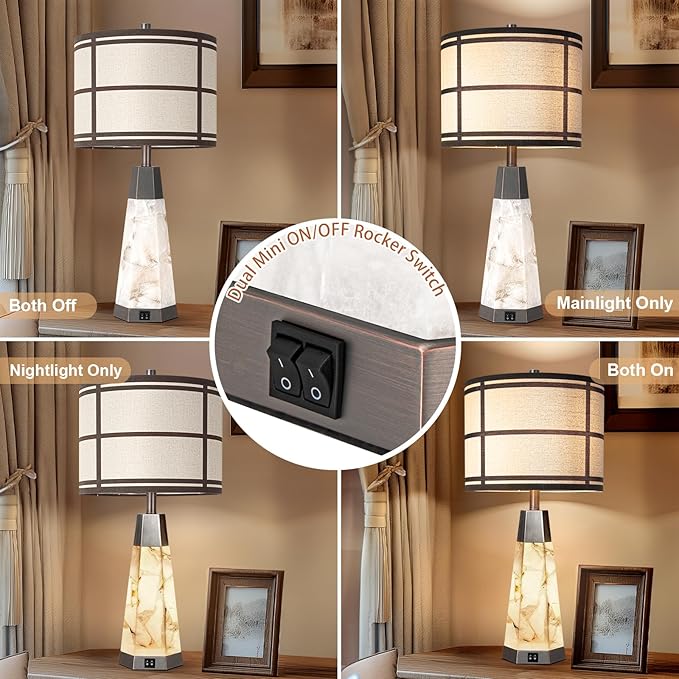 KIVDITZO 27" Alabaster Table Lamps for Living Room, Bedroom Lamps Set of 2 with Night Light, Living Room Lamps with USB A+C Ports, Table Lamp with Linen Shade for Bedside (Bulbs Included)