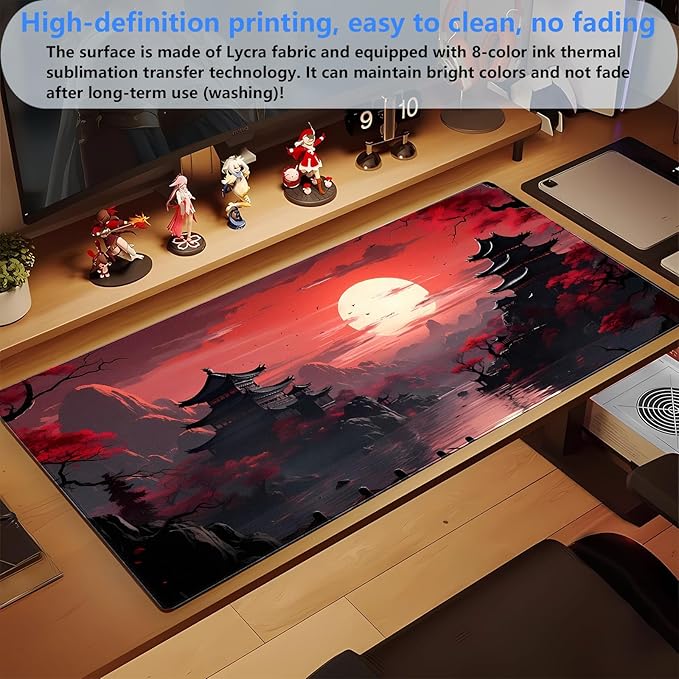 Red and Black Japanese Desk Mat - 31.5x15.7in Extended Gaming Mouse Pad - XL Full Moon Sakura Art Keyboard Mat - Waterproof Stitched Edges Desk Protector for Gaming & Office