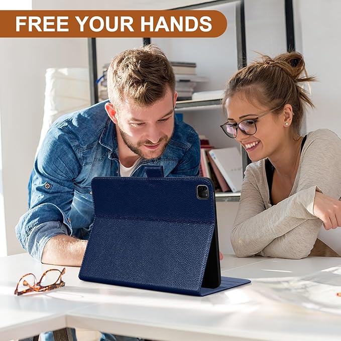 Genuine Leather Case for iPad Pro 12.9 inch 6th/5th/4th/3rd Generation 2022/2021/2020/2018 | with Pencil Holder and Adjustable Stand, Magnetic Closure, Auto Wake/Sleep Cover | Blue