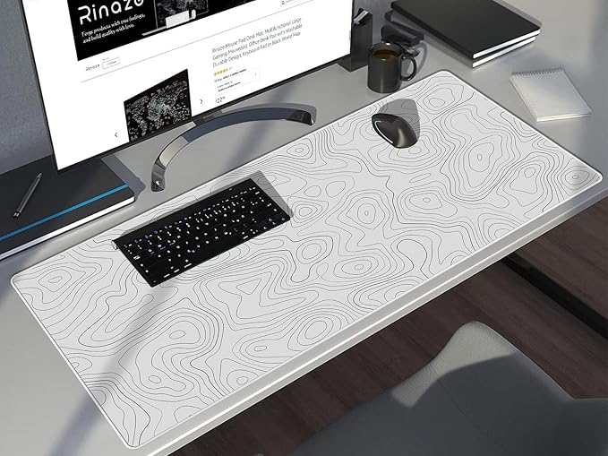 Rinaze Extra Large Gaming Mouse Pad with White Topographic, XXL Mousepad, Big Mouse Mat Desk Pad, Non Slip Keyboard Pad for Gaming Computer Laptop PC Office Desk Accessories