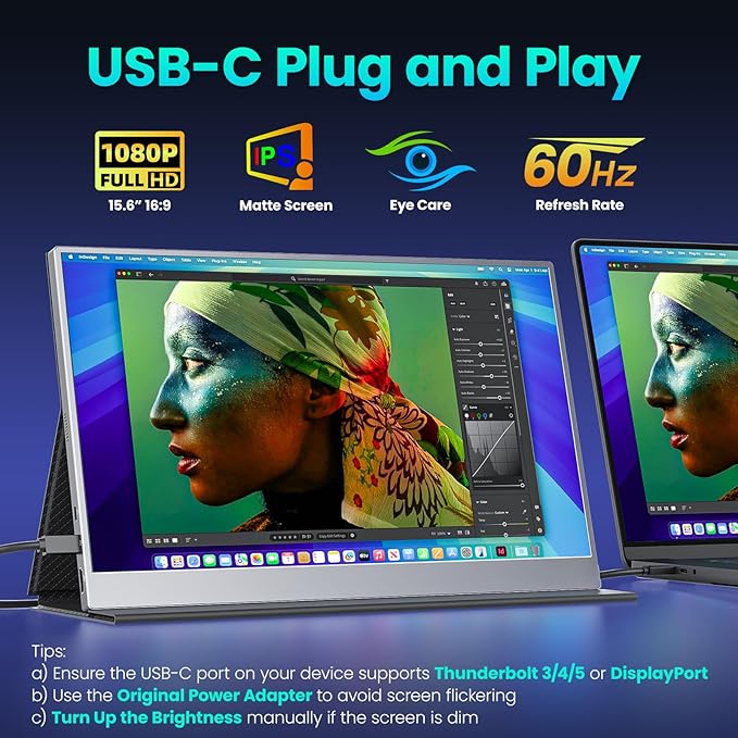 Upperizon Portable Monitor 15.6 inch FHD 85% sRGB 60Hz HDR HDMI USB-C Travel Monitor for Laptop MacBook PC Surface PS5 Xbox, External Display with Cover & Speakers, VESA Compatible