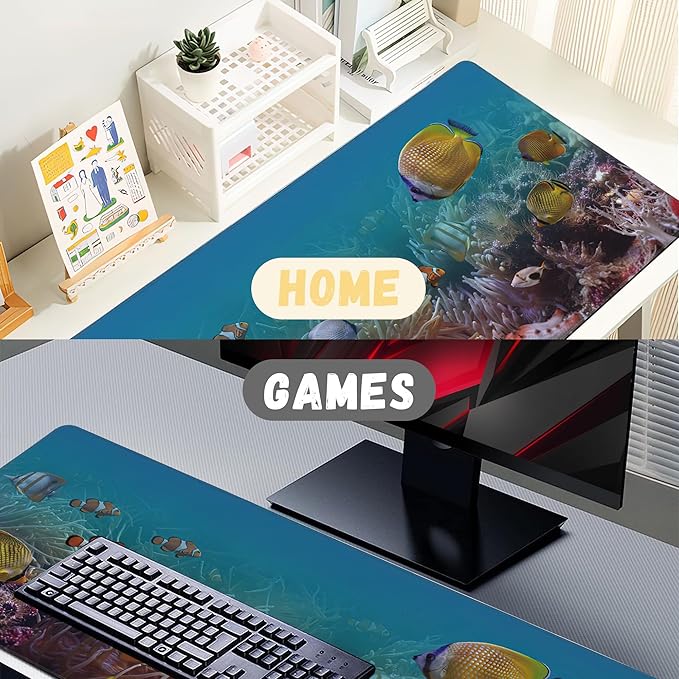 Large Mouse Pad Colourful Underwater World Exotic Fishes Extended Gaming Mouse Pad Non-Slip Desk Mat with Stitched Edge Laptop Computer Keyboard Mousepad for Office Home 35.4" x 15.7"