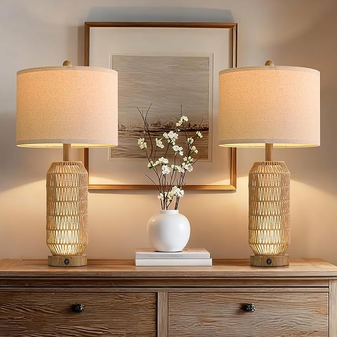 OYEARS 25" Table Lamps Set of 2 with Night Light,Bedside Lamps for Bedroom,Boho Lamps with USB C+A Charging Ports,Farmhouse Table Lamp with Rattan,Frosted Glass,Linen Shade,Wood Grain (Bulb Included)