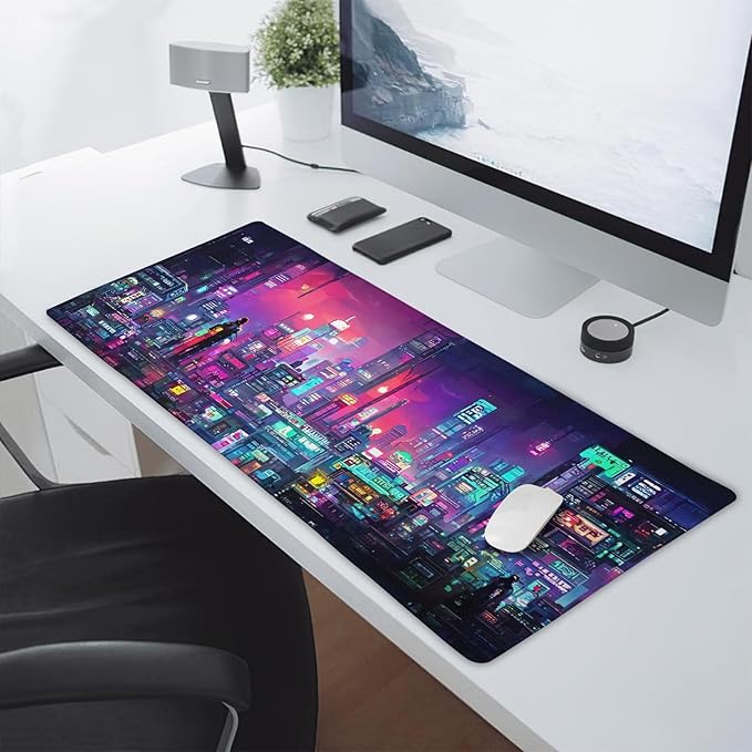 Retro Japanese Anime Gaming Mouse Pad Extended 3XL Cool Dark Purple Red Vaporwave City Large Desk Mat Big Mousepad Non-Slip Rubber Base Stitched Edge Long Desk Pad for Desktop Computer,47.2×23.6 in