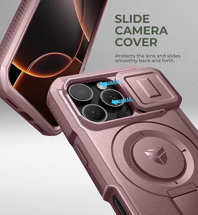 Dexnor for iPhone 16 Pro Case with Slide Camera Cover&Adjustable Kickstand & Built-in Screen Protector,Compatible with MagSafe Shockproof Bumper Cases Heavy-Duty Magnetic Protective Cover,Peony Pink