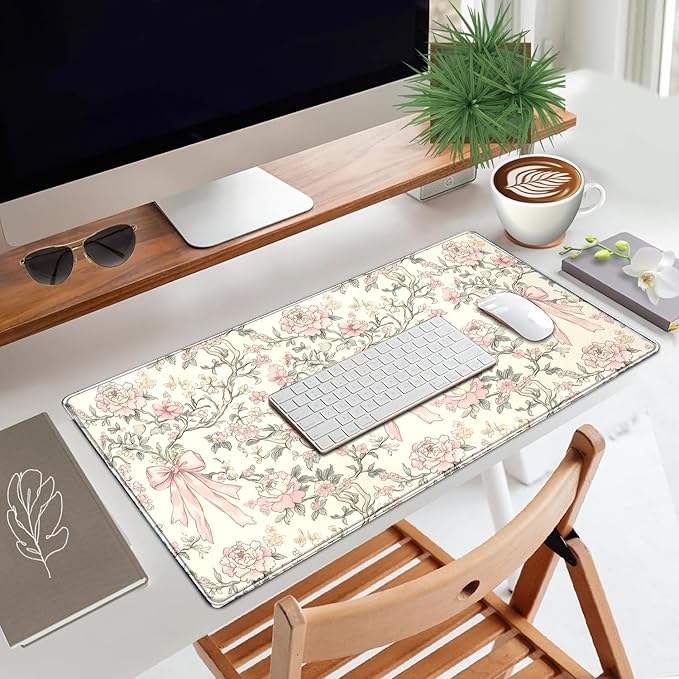 Floral Desk Mat Vintage Chinoiserie Large Mouse Pad Coquette Aesthetic Office Decor Flower Pink Bow Gaming Pad Cottagecore Desk Decor