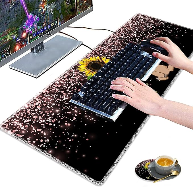 Large Gaming Mouse Pad Plus a Coasters + Cable Clips, Sunflower and Sloth Extended Mousepad (31.5 x 11.8) with Stitched Edge, Foldable Computer Keyboard Desktop Mouse Mat for Home Office