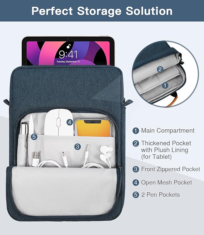 MoKo 9-11 Inch Tablet Sleeve Bag Handle Carrying Case with Shoulder Strap Fits iPad Pro/Air/A16 11 inch,iPad 10th 10.9,i-Pad 9/8/7th 10.2,iPadAir 5/4th 10.9,i-Pad 9.7,Tab S8/S9 11", Indigo