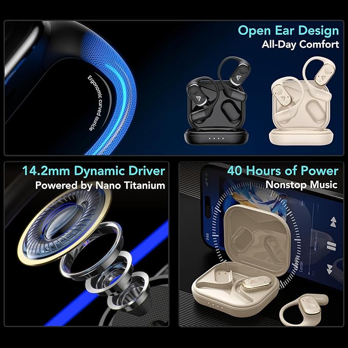 Joy Open-Ear Headphones, Wireless Bluetooth 5.4 Earbuds, Over-Ear Around-Ear Earhook, Sports Fit for Running & Workouts, ENC Clear Calls, HD Sound, App EQ, 40H Battery, IPX4 Sweatproof, Beige