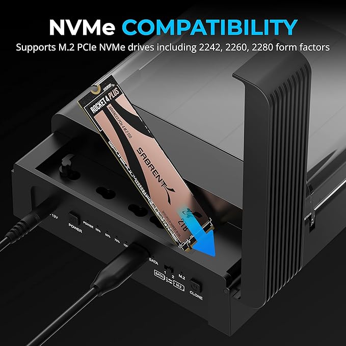 SABRENT USB-C Lay Flat Docking Station – NVMe M.2 + SATA 2.5”/3.5” SSD/HDD Enclosure, 10Gbps, Tool-Free, Offline Clone Function, USB 3.2 Type-C, for Windows, Mac, Linux (DS-UFNC)