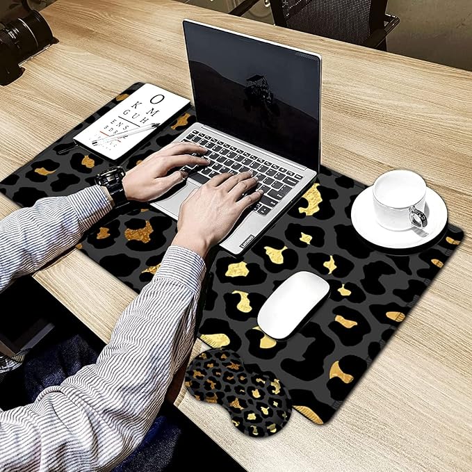 Large Gaming Mouse Pad,31.5x11.8 in Extended Computer Mouse Mat with Non-Slip PU Base, Ergonomic Memory Foam Keyboard Wrist Rest,for Work Gaming,Writing Pad Gold & Black Leopard Office Desk Pad