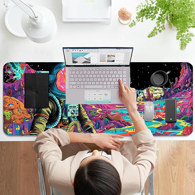 Fantasy Planet Space Gaming Desk Mat, Computer Keyboard Large Extended Astronaut Mouse Pad for Office and Home, 31.5×11.8 Inches, XL